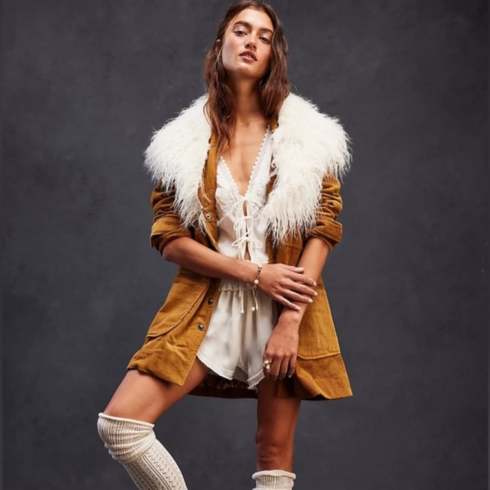 Free People Lady Lane Faux Fur Collar Corduroy slim-fit silhouette Jacket Size S